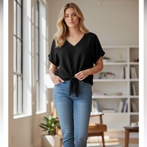 Ava & Viv Charcoal V-Neck Top Size 3X Tie In Front Linen